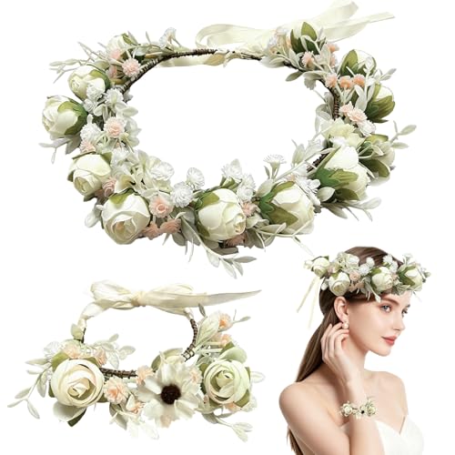 TZEKING Blume Krone Braut Haarschmuck mit Armband Set Hochzeitsgirlande Haarkranz mit Verstellbarem Haarband Blume Krone Stirnband für Braut Damen Mädchen Haarschmuck für Hochzeit Party Festival