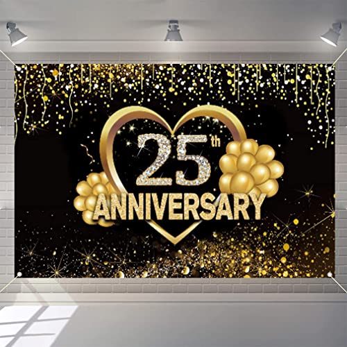 Cartaz decorativo com texto em inglês 'Happy 25th Anniversary Party', suprimentos de festa de 25º aniversário de casamento, póster de tecido, pano de fundo preto e dourado, decoração de fundo de fotos