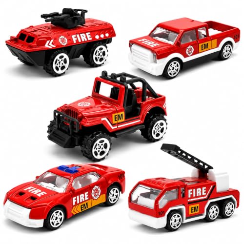 Image of Fire Truck Toy for Kids, Pack of 5 Diecast Metal Toy Cars with Free Wheel, Fire Engine, Fire Brigade Truck & Emergency Rescue Vehicle Toy Set, Birthday Gift for Boys & Girls