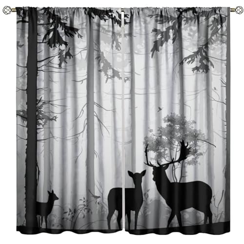 JanJCurt Grey Deer Curtains, Rustic Woodland Misty Foggy Forest Elk Wildlife Vintage Country Cabin Farmhouse Deer Doe Fawn Window Treatments for Bedroom Living Room 42x45in （No Blackout）