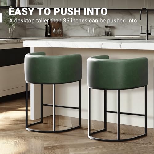 Image of 26 inch H Counter Height Bar Stools Set of 1, Modern Barrel Counter Stools with Backrest and Arms, Faux Leather Upholstered Accent Barstools for Kitchen Island,Support 450 LBS (Green)