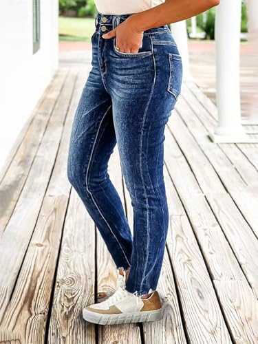 Flamingals Skinny Jeans for Women Mid Rise Casual Stretchy Raw Hem Double Button Washed Denim Jeans3
