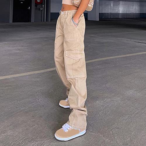 Huankd Grunge Pants, Joggers For Women, Women's Cargo Pants Women's Camo Joggers Baggy Pants Streetwear Hip Hop Joggers Sweatpants Casual Loose Wide Leg Trousers Pants Corduroy High (M, Khaki) #TOP5