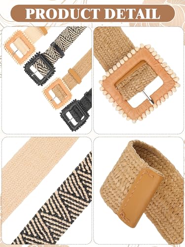 Image of WILLBOND 4 Pcs Women's Elastic Raffia Woven Belt, Boho Rattan Buckle Stretch Straw Wide Waist Belt for Dresses Jeans Pants