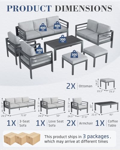 Image of AECOJOY Aluminum Patio Furniture Set, 9 Seats Modern Outdoor Furniture with Coffee Table, 7 Pieces Metal Conversation Sectional Sofa, Light Gray