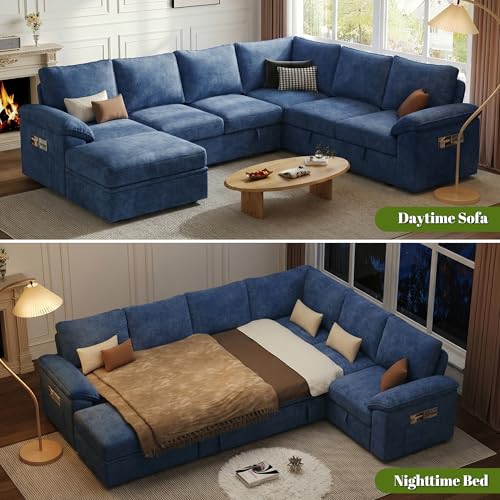 Image of 108 Inch Modular Sectional Sofa with Pull Out Bed,U Shaped 7 Seat Sectional Sleeper Sofa with Storage,Sectional Couches for Living Room,Cloud Modular Couch,Removable Sofa Cover,Blue