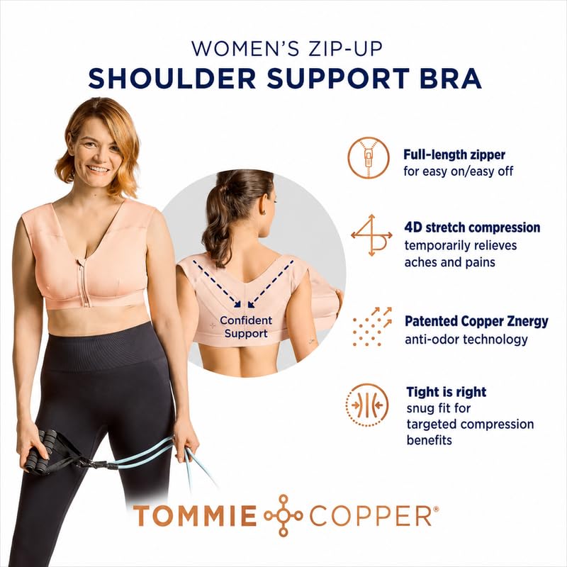 Image of Tommie Copper Shoulder Support Compression Bra with Front Zipper Closure Wireless Posture Corrector & Back Support Bra UPF 50