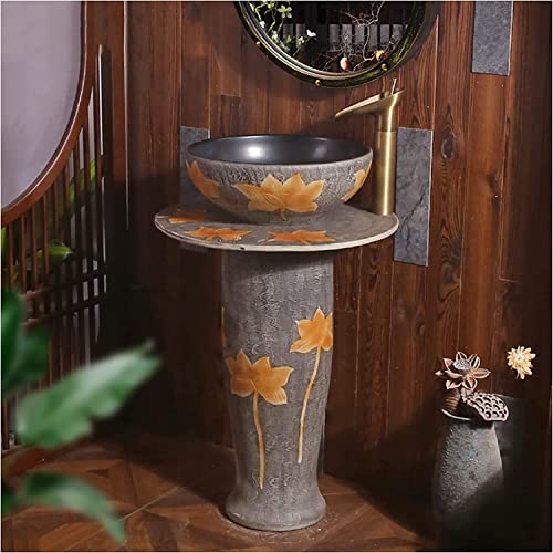 Vanity Unit with Basin,Bathroom Basin Sink with Full Pedestal, Pedestal Sink Handcrafted Ceramic wash Basin Pedestal washbasin, Kaolin Clay Pedestal Sink Round Freestanding Sink fo