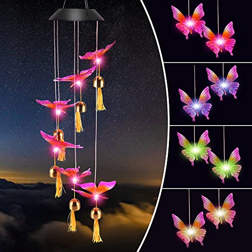 Solar Butterfly Wind Chimes for Outside, Color Changing Solar Butterfly Wind Chimes Outdoor LED Hanging Lights, Gifts for Mom Grandma Birthday Night Party Yard Garden Home Decoration