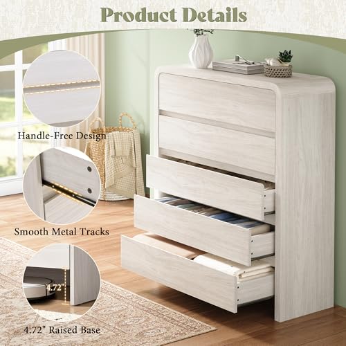 Image of 5 Drawer Dresser for Bedroom, 48 inch Tall Modern Chest of Drawers with Rounded Corners & Anti-Tip Kit, Wood Dresser Storage, Cabinet Organizer with Drawer Slides for Closet, Nursery, Apartment, White