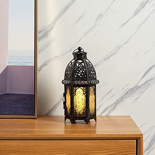 Needomo Moroccan Style Lantern Decorative, 12.8'' Vintage Metal Lantern Candle Holder Hanging Lantern For Ramadan, Tabletop Lantern Lamp For Home Decor Indoor Outdoor (Amber) #TOP1