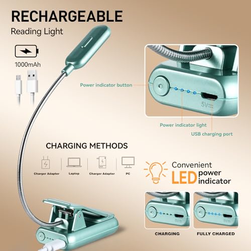 Image of VAVOFO Rechargeable Book Light for Reading in Bed Kids, 7 LED Reading Light with 9-Level Warm Cool White Daylight, Eye Care Lamp with Power Indicator for Bookworms (Silver Green)