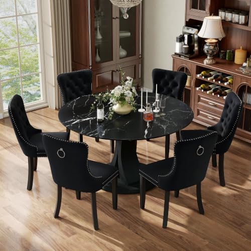 Image of 7-Piece Dining Table Set for 6 with 47 In Black Faux Marble Round Table