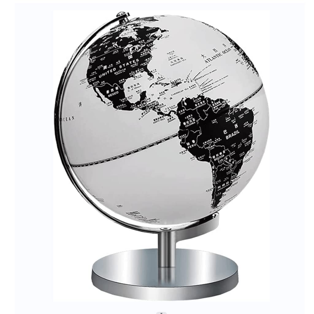 HRTC Globo Elegante clásico más Nuevo con Soporte de Base de Metal Cromado Globo Blanco y Negro iluminación Led Globo terráqueo para Oficina en casa 9,8" Libro de Texto práctico