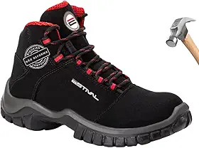 Estival EN1007 Bota De Segurança Masculina Preto E Vermelho Cano Médio, Fechamento Com Cadarço Elástico, Botina Masculina Sola Bi Densidade, Biqueira Composite, Resistente a Água, Bota Masculina Trabalho, Microfibra E Poliuretano