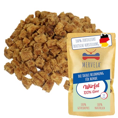 MERVELA® Premium Gans Kauwürfel für Hunde, 500g - Ideal als Trainingsleckerli | 100% Natürliches Gansfleisch | Hypoallergen für Sensible Hunde | Made in Germany