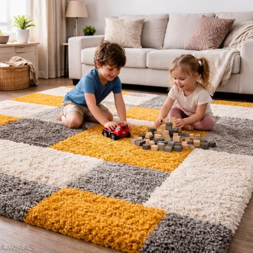 Image of Xenluxe 3D Shaggy Polyester Carpet Rug Runner Area Mats for Bedroom /Living Area /Home with Anti Slip Backing Soft /Fluffy Hight Pile - (3D Yellow B, 1.5x4 feet)