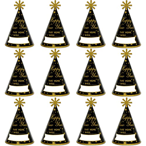 KALEFO 12PCS New Years Eve Party Supplies 2026 Gold Glitter Happy New Year's Eve Party Favor Cone Hats for Count Down Party