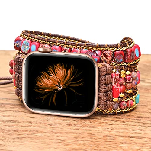 Handmade Boho Watch Band Compatible with Apple Watch 49MM 45MM 44MM 42MM 41MM 40MM 38MM Beaded Wrap Bracelet for iWatch Ultra, Series SE/9/8/7/6/5/4/3/2/1, Fancy Strap for Women