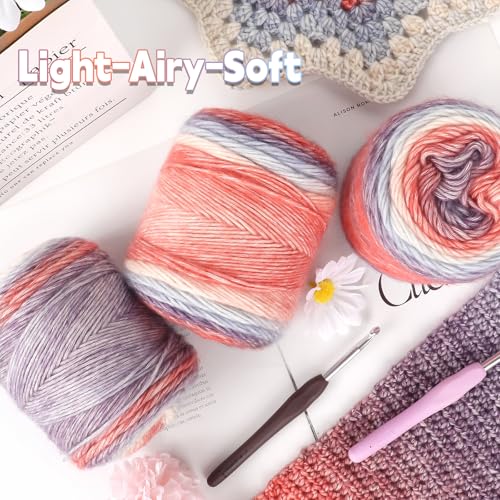 Image of Katech Ombre Yarn for Crocheting-Gradient Cake Yarn-4x100g 60% Cotton 30% Acrylic 11% Wool-Multicolor Soft Rainbow Cotton Crochet Yarn for Scarves, Shawls, Blankets and Garments(L)