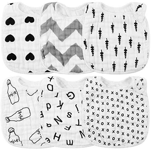 Image of Zainpe 6Pcs Snap Muslin Cotton Bibs for Baby Love Heart Milk Letter Pattern Bib with 6 Absorbent Soft Layers, Machine Washable Burp Cloths for Infants Newborns Toddlers Drooling Feeding and Teething
