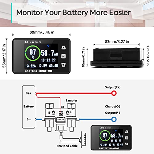 Lnex 500A Shunt Battery Monitor, 2.4" Color Screen Rv Battery Monitor With 10Ft Shielded Wire, Support High Low Voltage Programmable Alarm For 8-100V Lifepo4, Lithium Sealed, Gel, Flooded Battery #TOP6