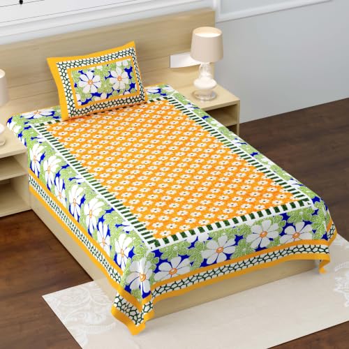 Image of RajasthaniKart Pure 100% Cotton Single Bed Sheet with 1 Pillow Cover (Bedsheet for Single Bed Cotton, Yellow Blue Cloud)