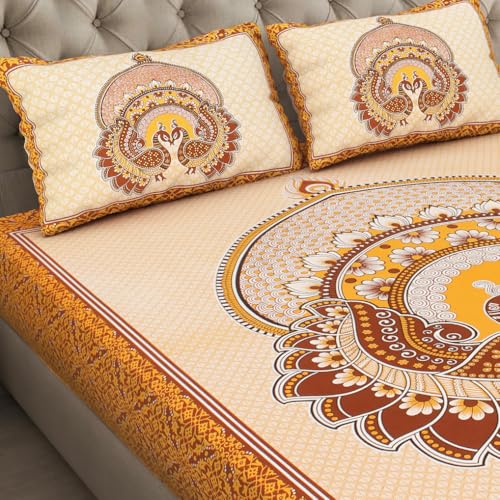 Image of JAIPUR PRINTS 100% Cotton Bedsheet for Double Size Bed Rajasthani Jaipuri Printed with 2 Pillow Covers 90x100 inch 235x215 cm Yellow 3 Pieces