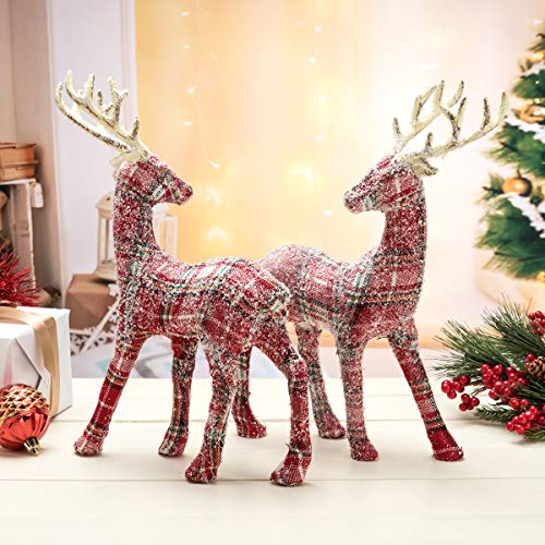 Arcci Plaid Reindeer Decorations Christmas Standing Deer Figurines, 9" X 12" Reindeer Figure For Table Top Shelf Office Desk Holiday Decor - Pack Of 2 #TOP4