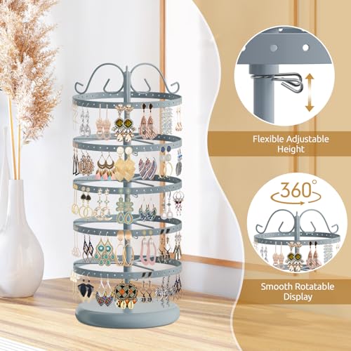 Image of MODOWEY Rotating Earring Holder Organizer Stand, 5 Tier Metal Tree Display for Women Vendors, 220 Holes Adjustable Jewelry rack for Stud Hoop Dangle Storage, Trendy Carousel Keeps Dresser Neat, Gray