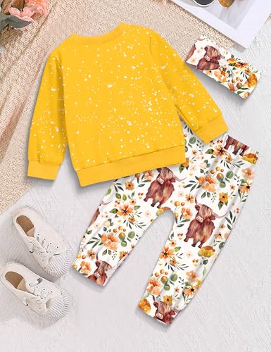 Image of Toddler Girl Clothes Fall Winter Outfits Wild Hair Don't Care Highland Cow Sweatshirt Pants Western Cowgirl Outfit