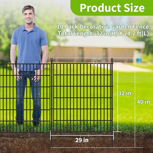 Image of Toolterritary 10 Panels No Dig Garden Fence, 32 in(H) X24.2 ft(L) Metal Fence Panels, Thickened Rustproof Garden Fencing, Animal Barrier Fence for Dogs, Rabbits, and Patio