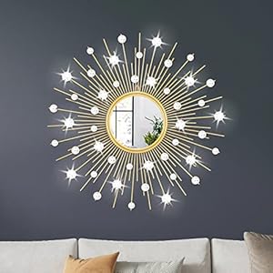 TaoliMo Gold Sunburst Mirror for Wall Decor Metal Sun Wall Mirror Decorative with Crystal Diamond for Living Room Bedroom Entryway Large Circle Mid Century Modern Starburst Mirror Wall Hanging 24 Inch