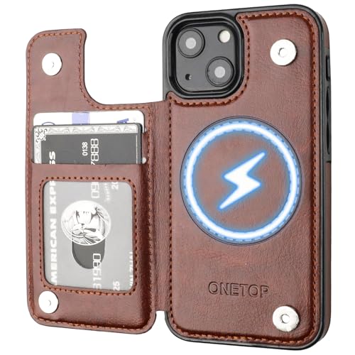 ONETOP Compatible with Magsafe for iPhone 14 Wallet Case with Card Holder, PU Leather Kickstand RFID Blocking Case, Double Magnetic Clasp and Durable Shockproof Cover 6.1 Inch (Brown)