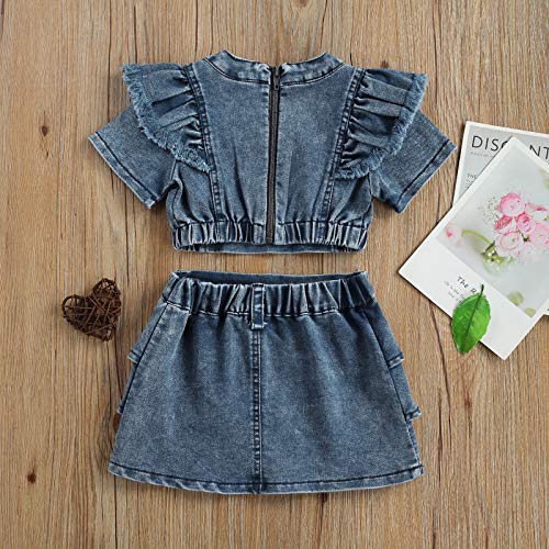 Toddler Baby Girl Clothes Denim Short Sleeve T-Shirt Tank Crop Tops Ruffle Jeans A-Line Skirt Kids Summer Outfits (Denim Blue, 3-4Years) #TOP6