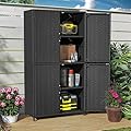 YITAHOME Outdoor Storage Shed, Weather-Resistant Patio Storage Cabinet with Double Doors, 63 Inch Wicker Outside Vertical Tools Cabinet for Garden, Lawn, Backyard (Black)
