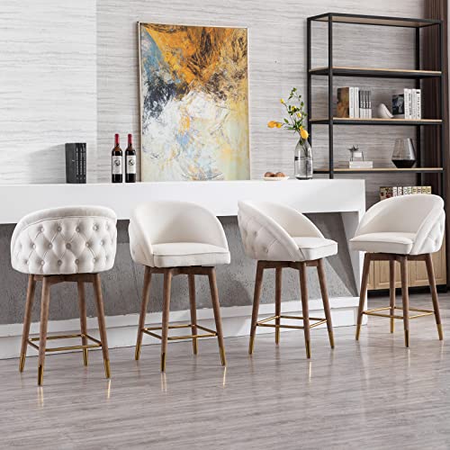 Zsarts Cream Velvet Counter Height Bar Stools Set Of 4, 26" Swivel Barstools With Back Upholstered Kitchen Island Stool With Wood Legs And Gold Footrest For Pub Home Bar Dining Room, Cream #TOP4