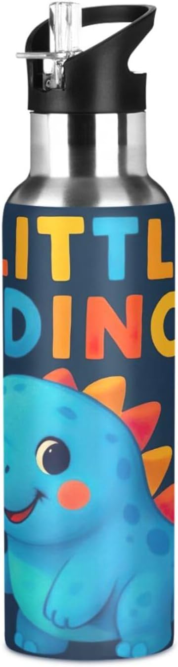 Cute Dinosaur Blue Insulated Stainless Steel Water Bottle with Straw 32 Oz Leakproof Water Bottles, BPA-Free Sport Water Bottle Insulated