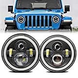 GLWZSY Jeep wrangler headlight,7' LED Halo Headlights for Jeep Wrangler JK JKU TJ LJ CJ 2007–2017, DOT Approved Hi/Lo Beam, White DRL & Amber Turn Signal, 1 Pair (Black)