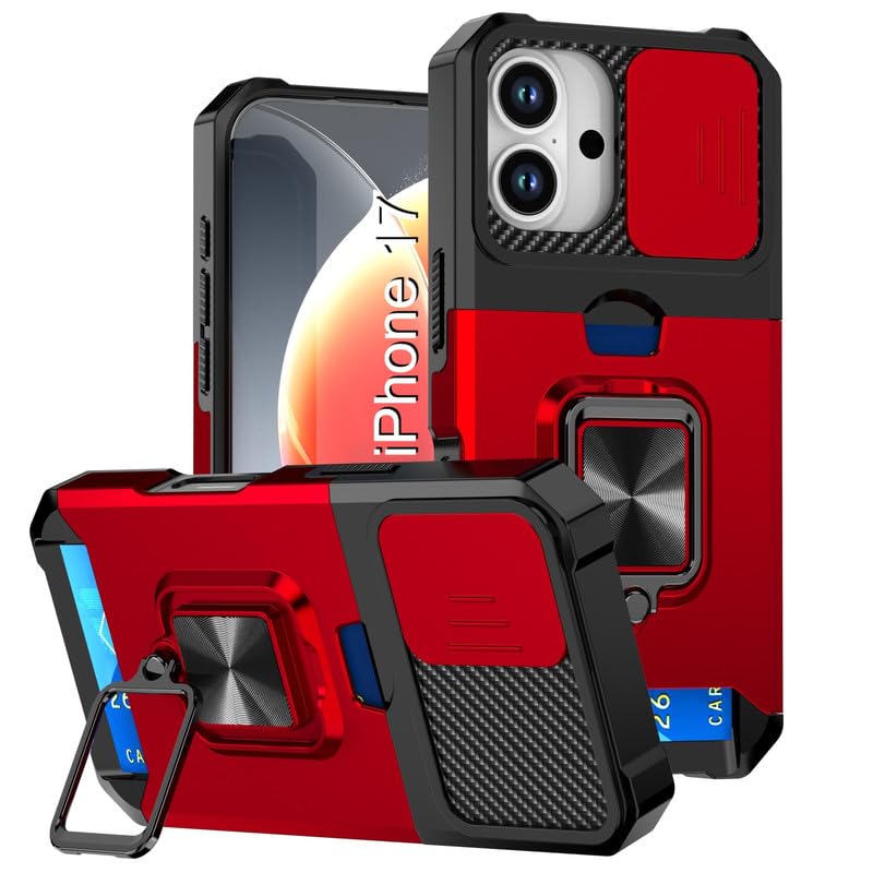 Image of LuxuryKase Shockproof Armor Case for iPhone 17 | Slide Camera Cover | Hidden Card Slot | Rotating Ring Kickstand | Magnetic Car Mount Support | Military Grade Protection - Red