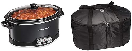 Hamilton Beach Olla de cocción lenta programable portátil de 7 cuartos de galón con correa de cierre de tapa, negro (33474) y estuche de viaje