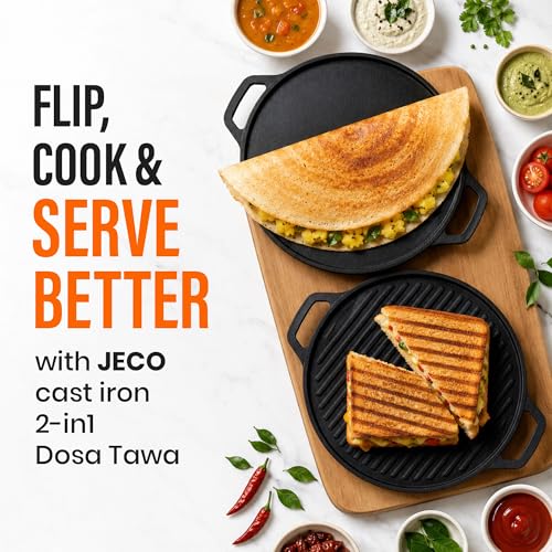 Image of Cast Iron 2-in-1 Dosa Tawa | Pre-Seasoned Non-Stick Iron Grill Tawa | Heavy Duty Non-Toxic Cookware | Even Heat Distribution | Gas Stove & Induction Compatible, Black, 30cm, 2.8kg