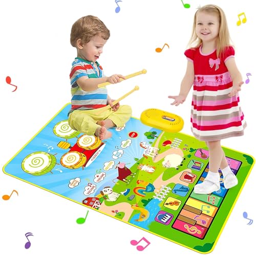 3 in 1 Musical Toys for Toddlers 1-3 Piano Keyboard & Drum Mat with 2 Drum Sticks,Animal Touch Play Blanket Toys for 1 Year Old , Sensory Play Mat First Birthday Gifts for 1 2 3 Year Old Boys Girls