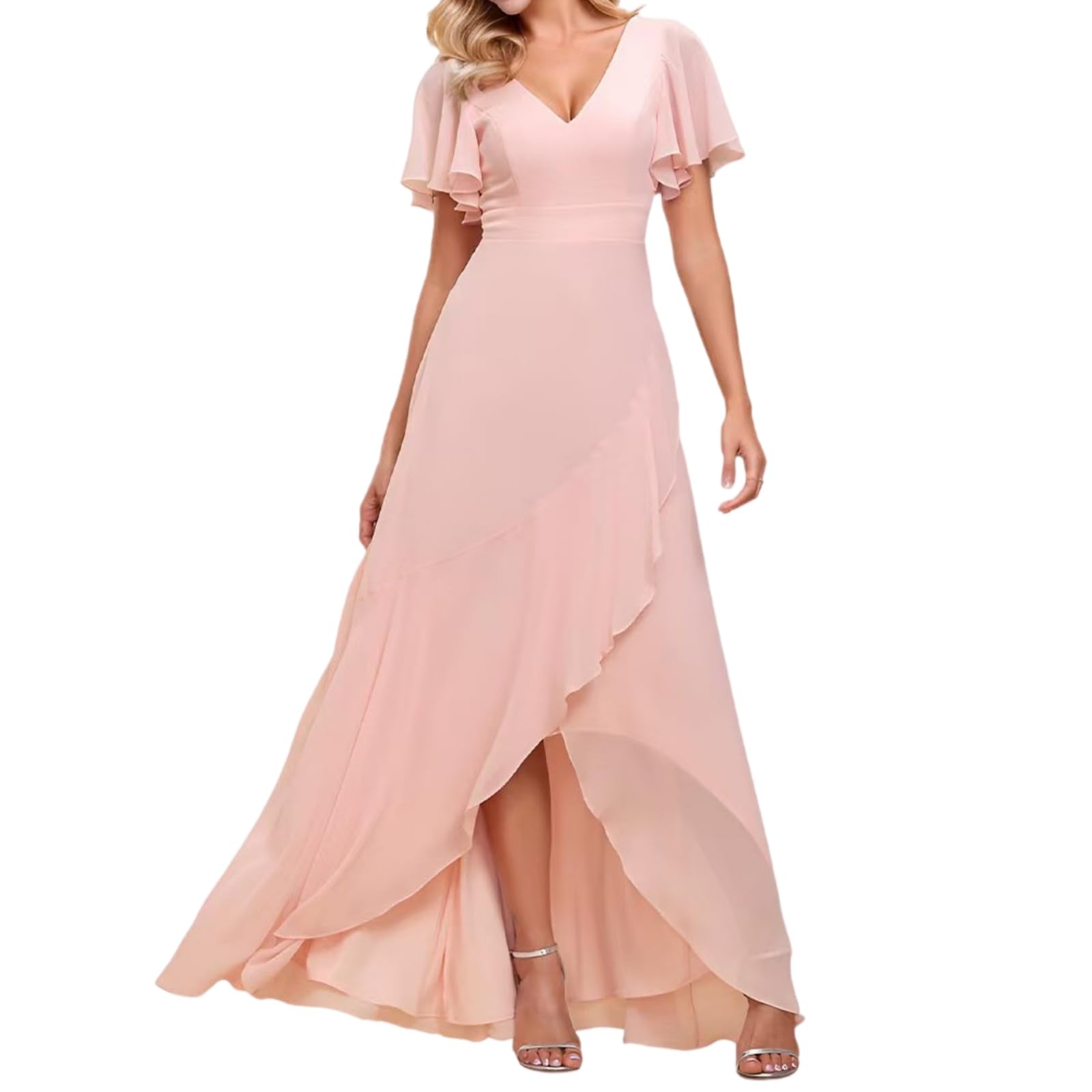 Abito Lungo Formale da Sera in Chiffon con Maniche Corte, Scollo a V