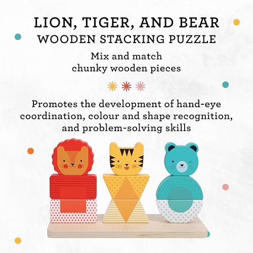 Image of Petit Collage: Wooden Stacking Puzzle, Lion, Tiger, and Bear | Mix and Match Puzzle with 3 Stacks |Includes Guide Cards for Color and Shape Matching | Great for Ages 18 Months +