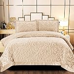 B&B Heavy Quilted Bedspread 3pcs Large Bed Throw with Hypoallergenic Pillow Set - Luxurious Super King Size Bed Throws and Bedspreads Velvet- Beige