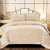 B&B Heavy Quilted Bedspread 3pcs Large Bed Throw with Hypoallergenic Pillow Set - Luxurious Super King Size Bed Throws and Bedspreads Velvet- Beige