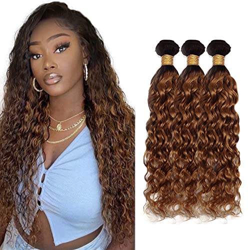 24 26 28 Inch Ombre Water Wave Bundles Brown Water Wave Bundles Ombre 2 Tone Black and Brown Color Brazilian 1b/30 Water Wave Bundles Auburn Virgin Human Hair Extension 3 Bundles