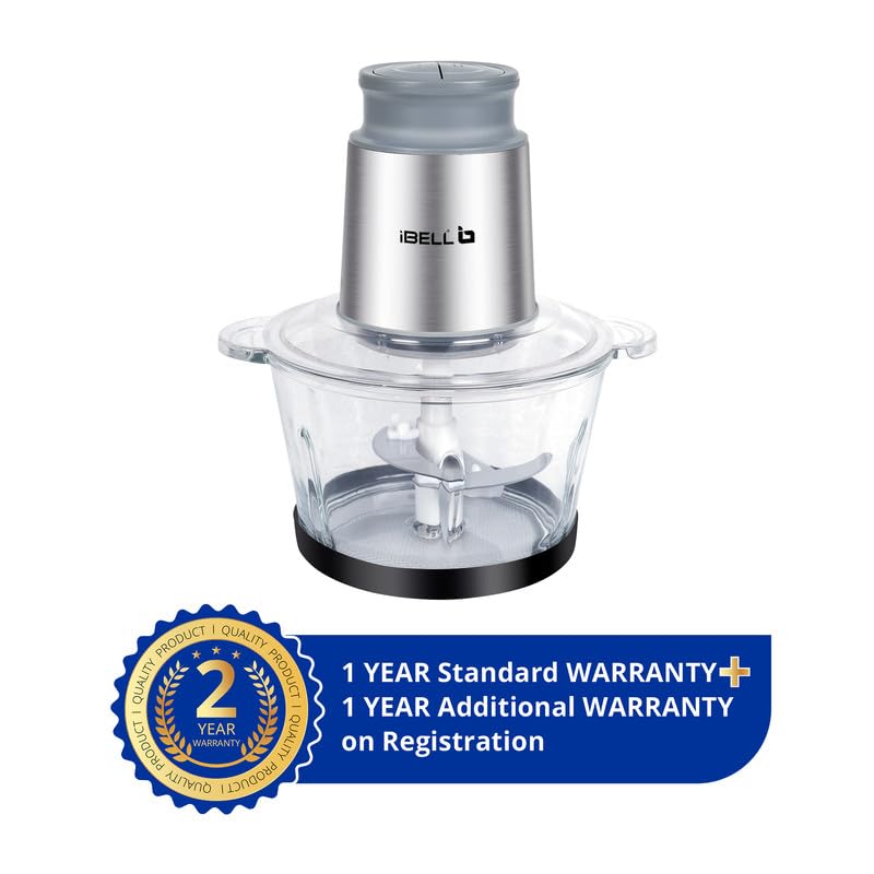 Image of IBELL MT200GPRO Electric Chopper with 2-Yr Warranty, 700W Powerful Motor, 2L Glass Bowl, Multipurpose for Meat, Vegetables, Fruits & Nuts, Includes Garlic Peeler & Egg Whisker (Silver)