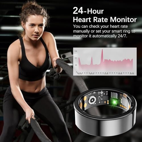 Image of Ring Health Tracker for Women Men, Fitness Ring with Heart Rate, Blood Oxygen, Sleep Monitor, Calories, Step Counter, IP68 Waterproof Smart Ring for iPhone & Android, No Subscription Fee (Black, 12#)